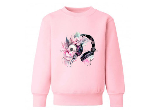Girls Pastel Pink Floral Headphone Design Fleece Sweater