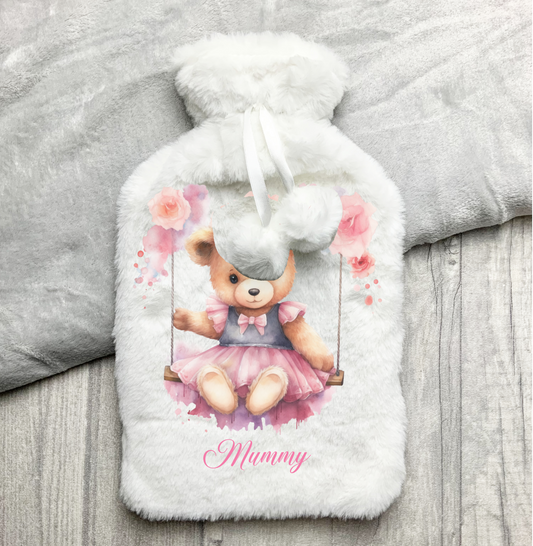 Personalised Teddy on A Swing Themed Hot Water Bottle