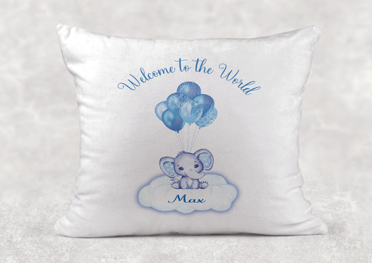Personalised Blue Elephant Welcome To The World Cushion