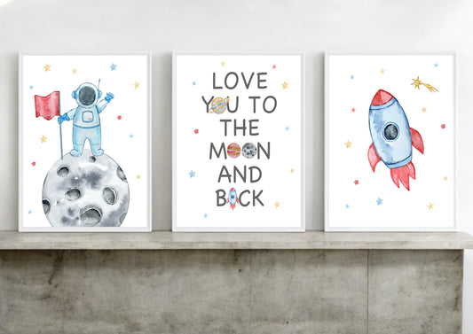 Astronaut Themed "I love you to the moon and back" set of three prints