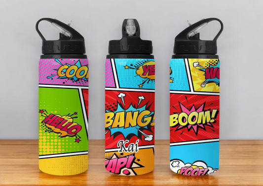 Comic Strip Themed 650ml Flip Straw Stainless Steel Water Bottle