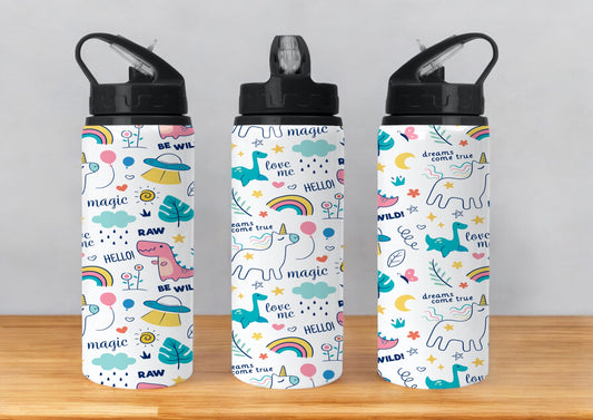 Dinosaurs and Rainbows Themed 650ml Flip Straw Stainless Steel Water bottle