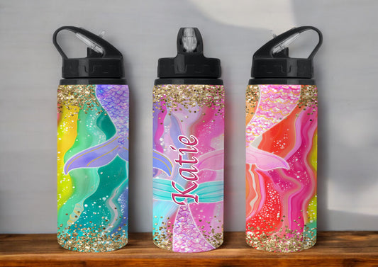 Glitter Mermaid Tails Personalised 650ml Stainless Steel Flip Straw Water Bottle