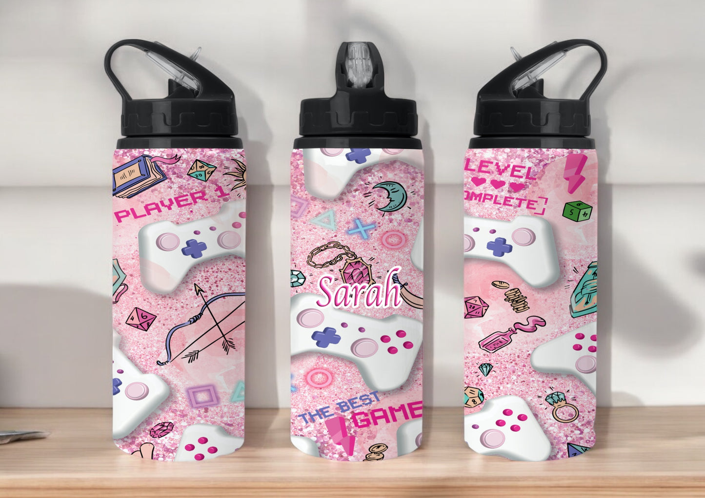 Pink Level Complete Gaming Themed 650ml Flip Straw Stainless Steel Water Bottle