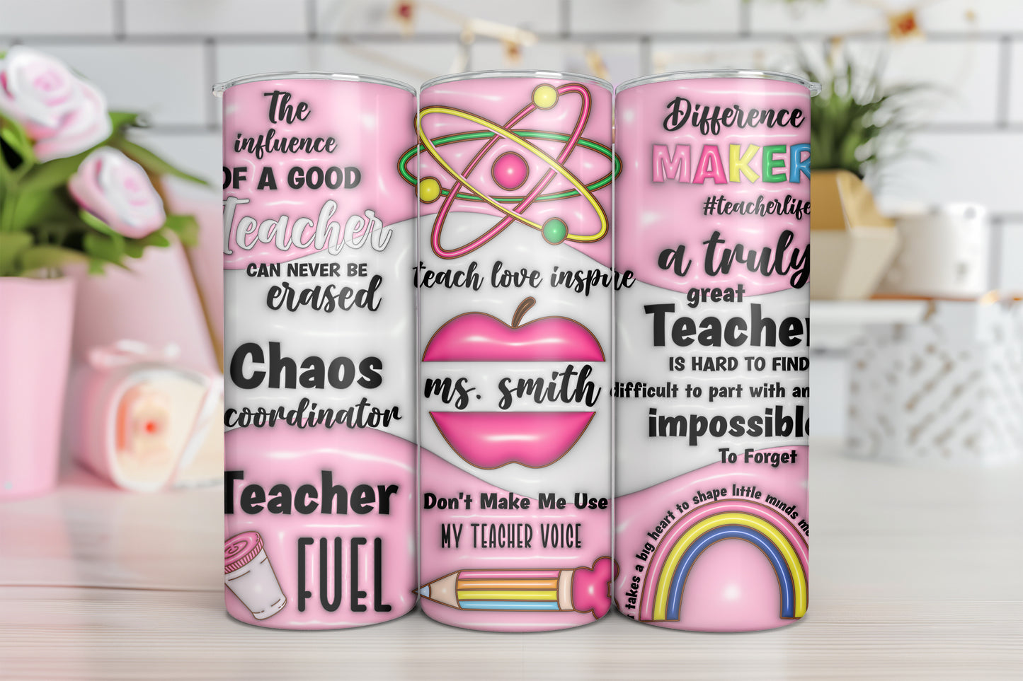 Personalised Pink Teach Love Inspire 20oz Skinny Tumbler