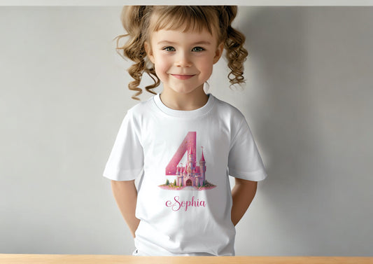 Sparkly Pink Castle Birthday Age Kids Tshirt