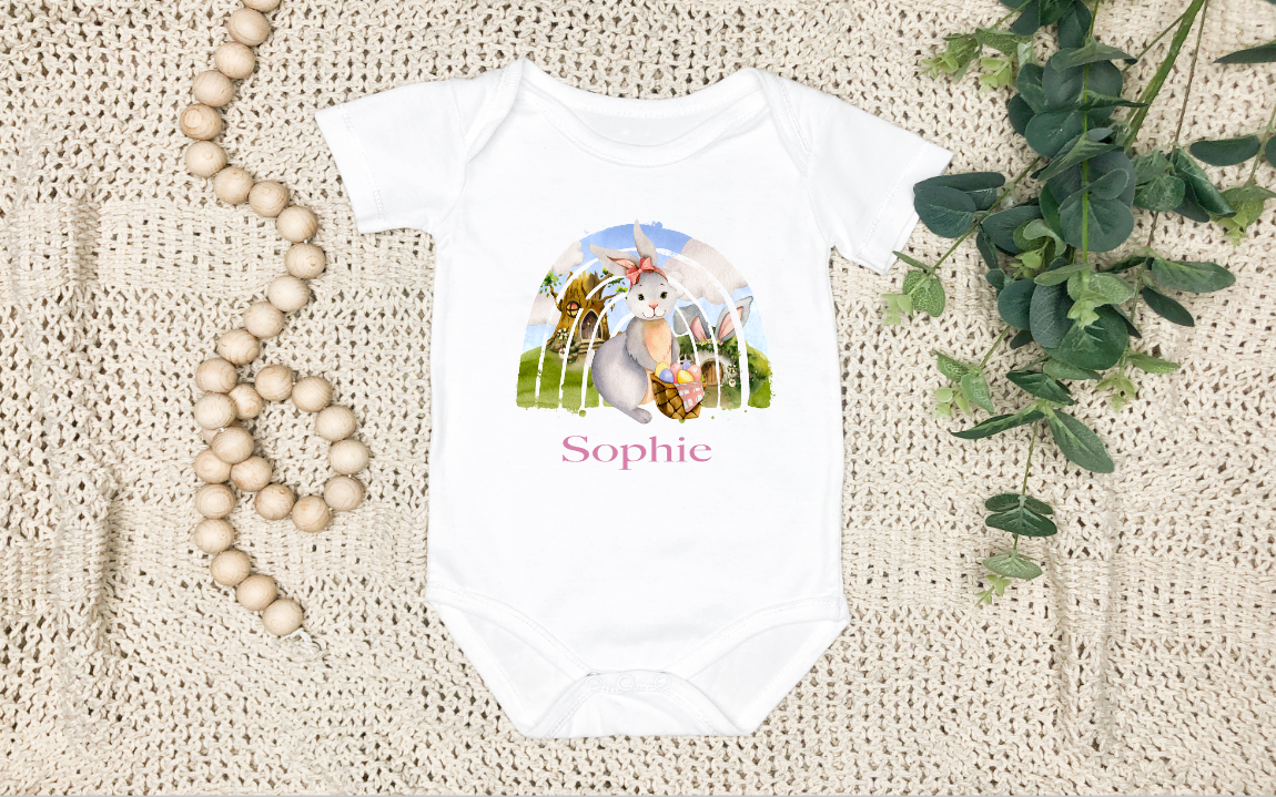 Personalised Easter Rabbit and Rainbow Themed Baby Vest