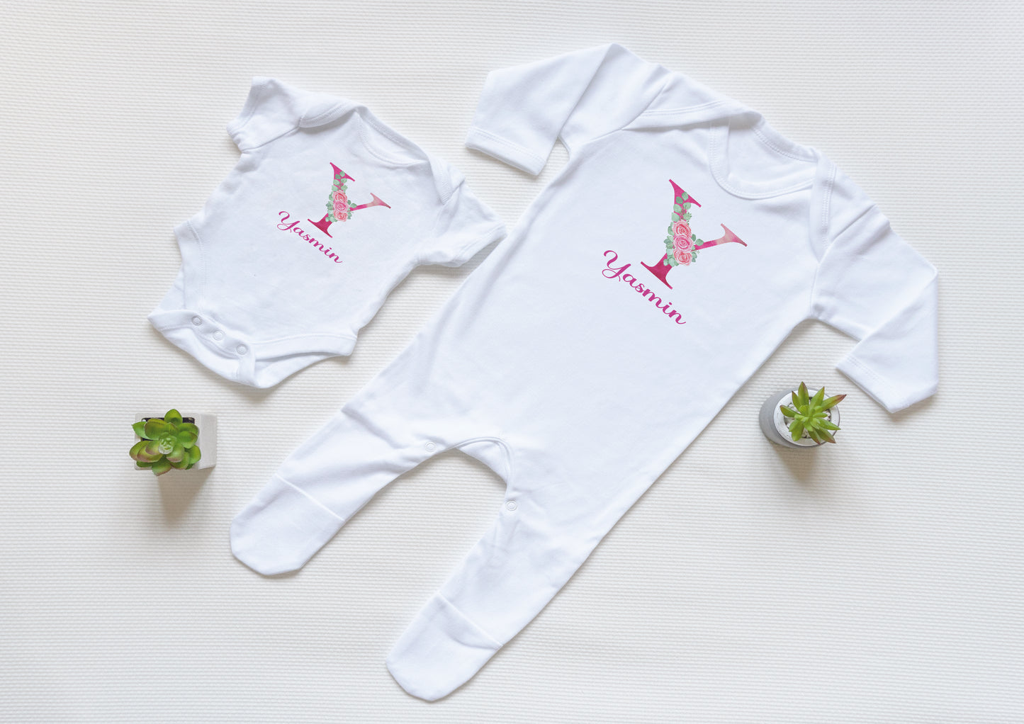 Personalised Pink Floral Initial Baby Vest and Babygrow