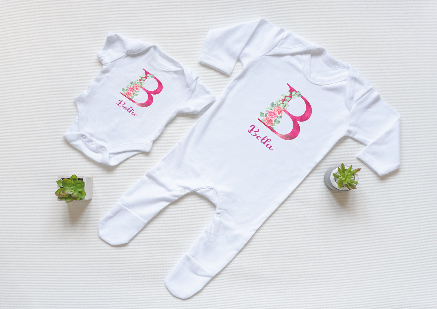 Personalised Pink Floral Initial Baby Vest and Babygrow