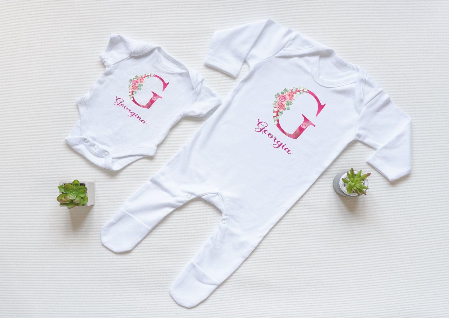 Personalised Pink Floral Initial Baby Vest and Babygrow