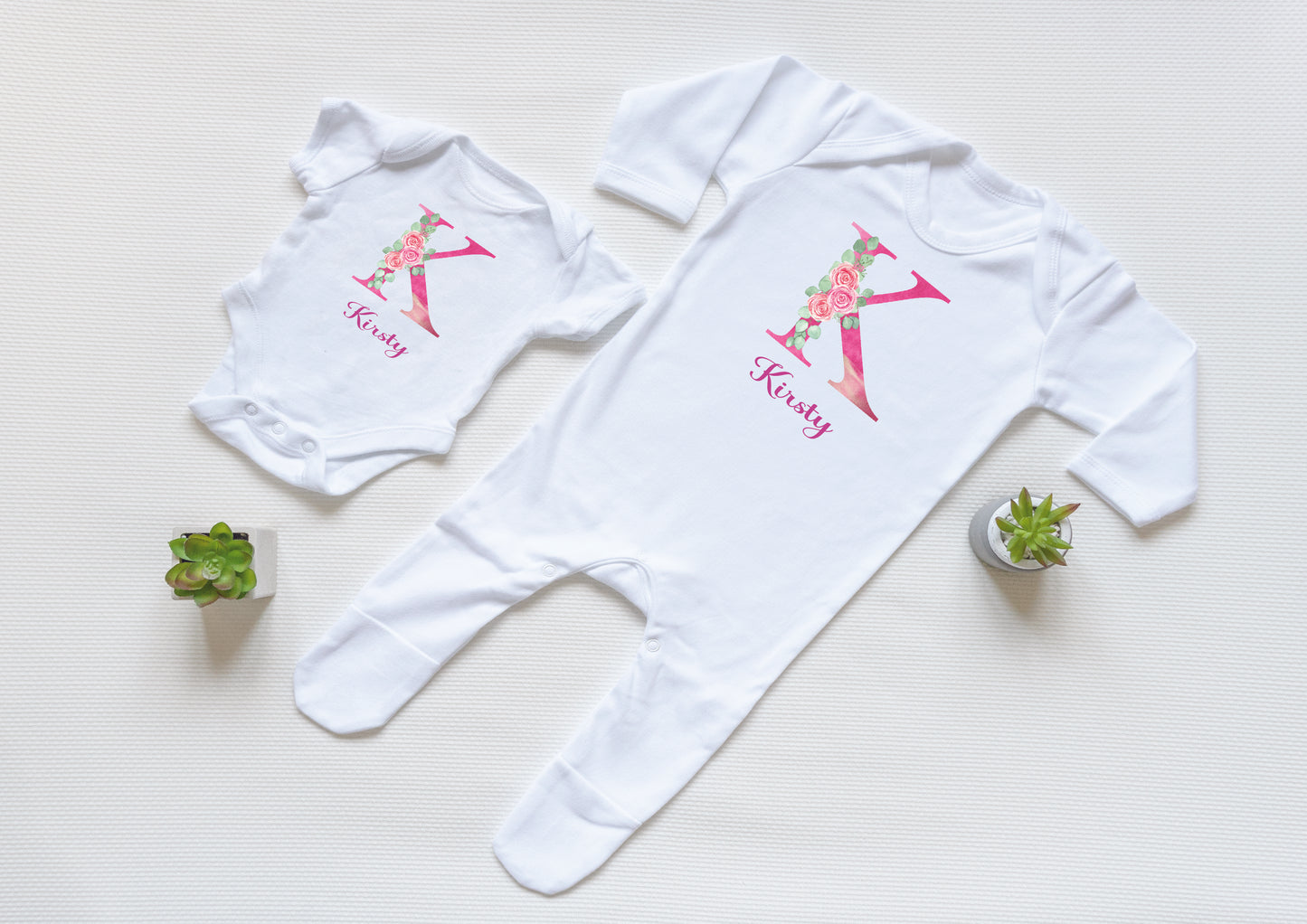 Personalised Pink Floral Initial Baby Vest and Babygrow