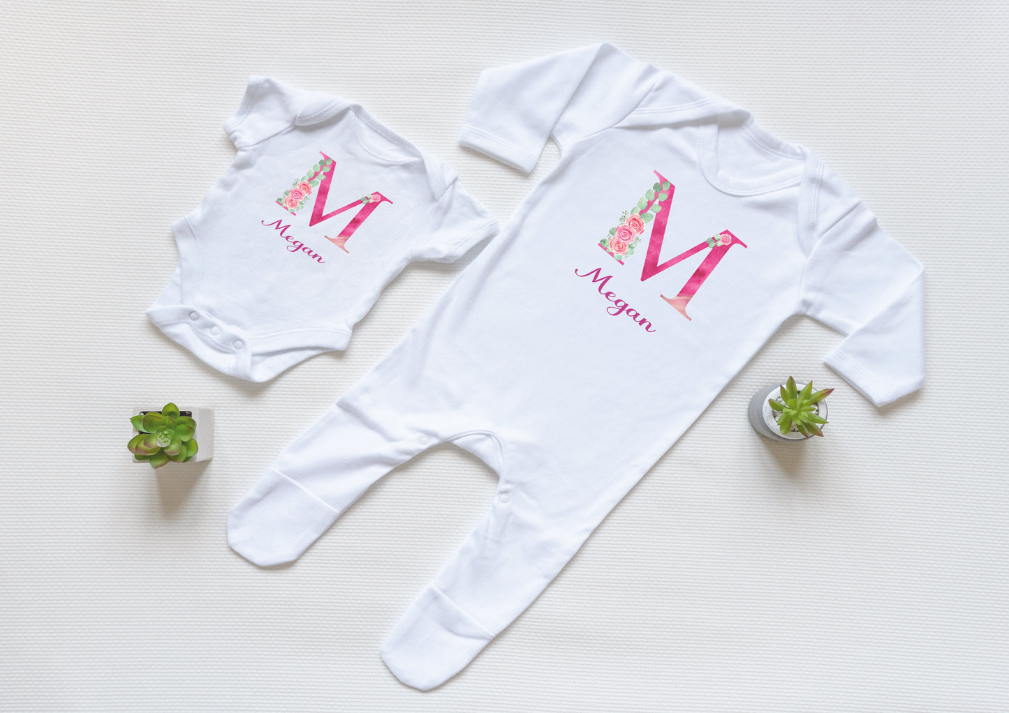 Personalised Pink Floral Initial Baby Vest and Babygrow