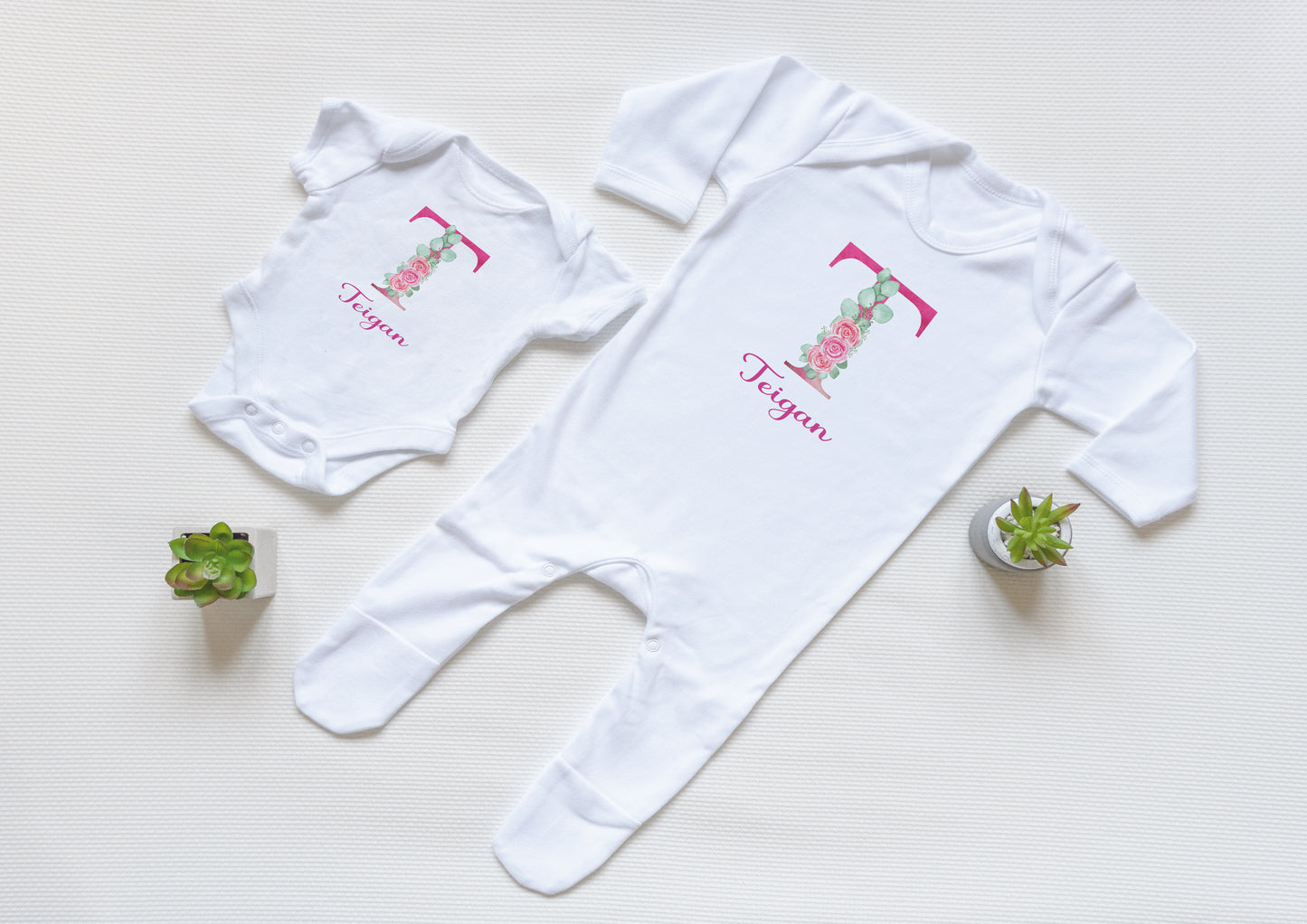 Personalised Pink Floral Initial Baby Vest and Babygrow