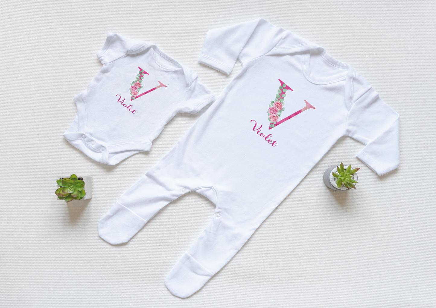 Personalised Pink Floral Initial Baby Vest and Babygrow