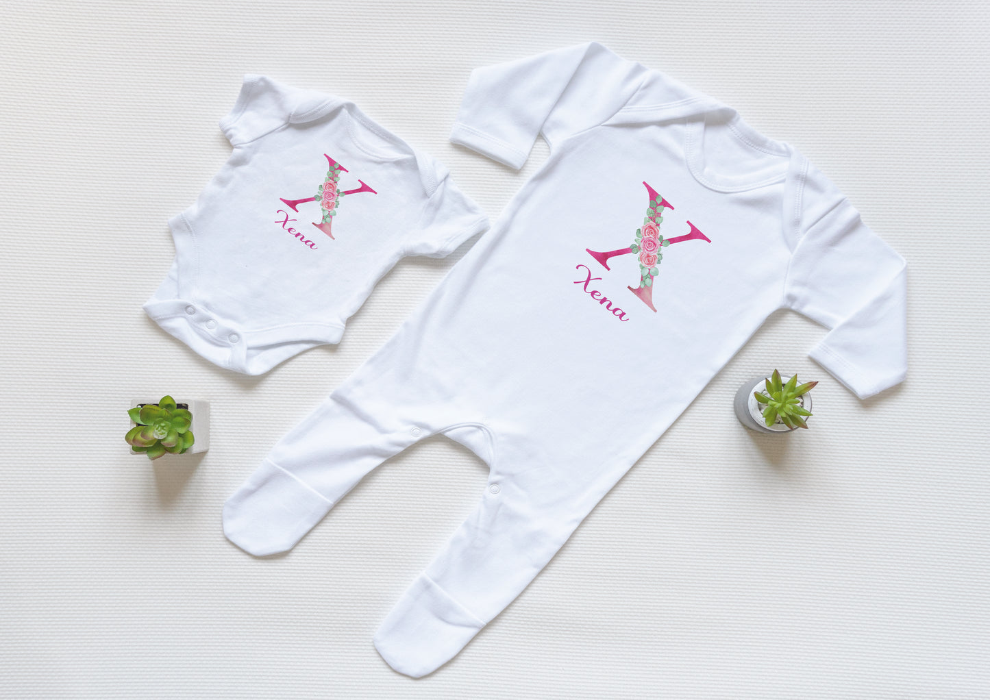 Personalised Pink Floral Initial Baby Vest and Babygrow