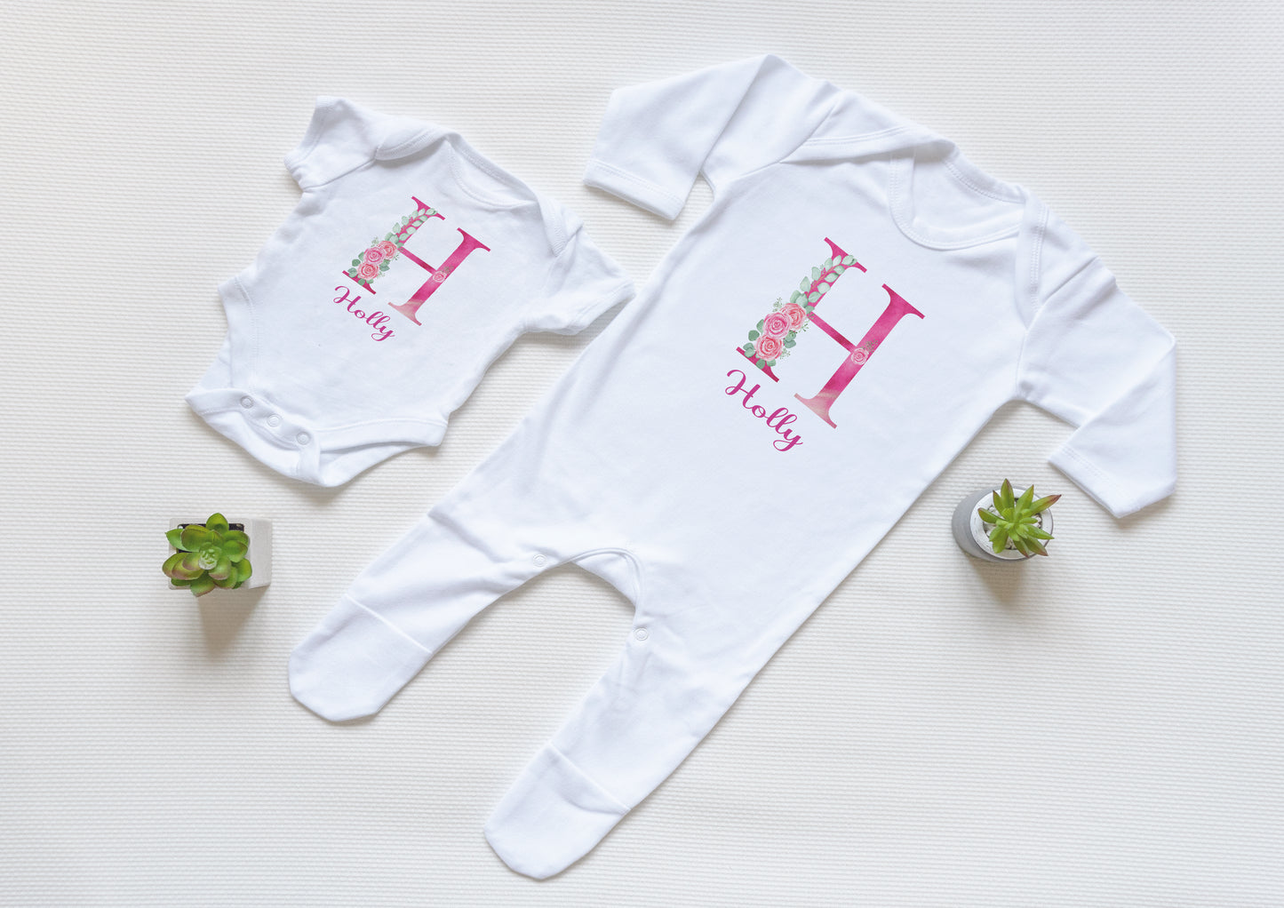 Personalised Pink Floral Initial Baby Vest and Babygrow