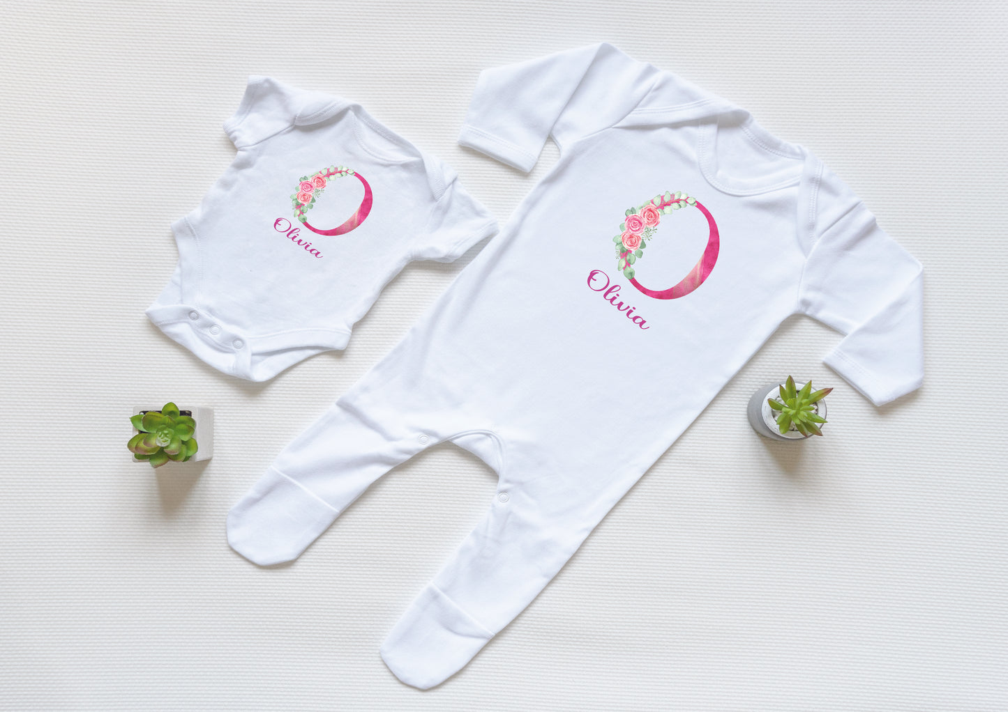 Personalised Pink Floral Initial Baby Vest and Babygrow